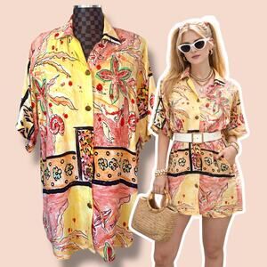 Vtg 80s Abstract Floral Blouse Sequin Beaded Size 2X Retro Oversized Beachy Glam